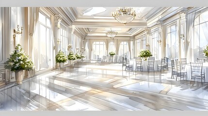 Luxurious Marble Clad Wedding Reception Hall with Lavish Decor and Elegant Chandeliers - obrazy, fototapety, plakaty