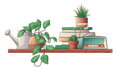 Vector illustration of shelf with houseplants, stack of books, radio. Potted plants: haworthia, pothos plant, cactus. Interior, bookstore, flower shop, home garden concept. © Gulsim