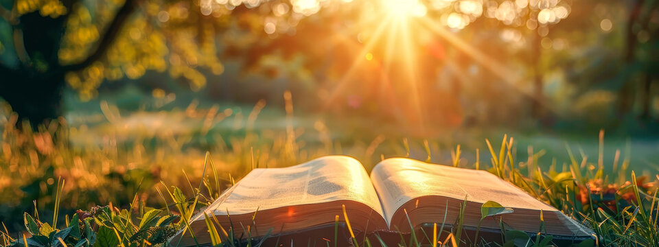 A book is open on the grass in a field