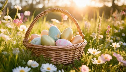 Fototapeta na wymiar easter eggs in wicker basket in grass with flowers colorful decorated easter eggs in wicker basket traditional egg hunt for spring holidays morning magical light