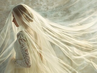 Ethereal Bride s Veil Floating Gently in the Breeze Showcasing Delicate Lace and Elegant Feminine Beauty