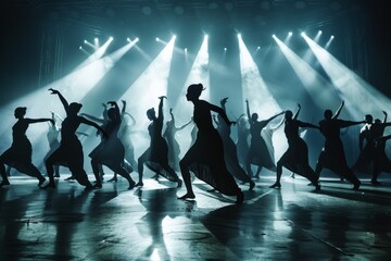 A dynamic shot capturing a group of people enthusiastically dancing on a stage during a performance - obrazy, fototapety, plakaty