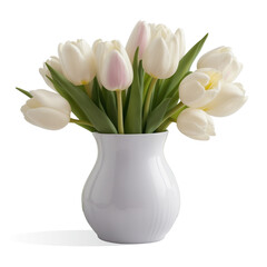 white tulips in a vase isolated on transparent background.