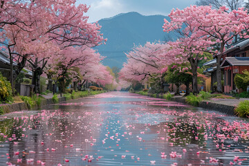Cherry Blossom Canal - Pink Floral Reverie, Reflection of Spring; Excellent for Romantic Getaways,...