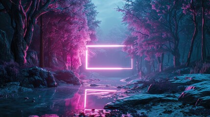 The great pink floating rectangle beyond the river that surrounded with a lot amount of the tall tree of forest at the night time of the day that shine light to the every part of the picture. AIGX03. - obrazy, fototapety, plakaty