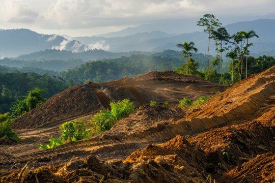 A dirt hill covered with trees, with mountains in the background, showing the impact of deforestation on environmental changes
