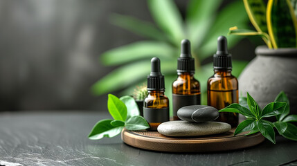 Essential oils in bottles on wood tray in health spa. Natural homeopathic ingredients.