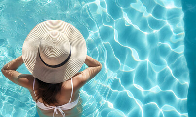 Top view of beautiful woman earing sunhat relaxing in swimming pool , Generative AI