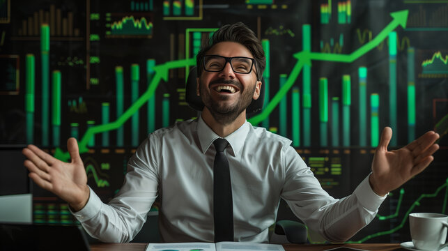 A businessman spreading his hands wide in celebration, with a background of increasing green bar graphs