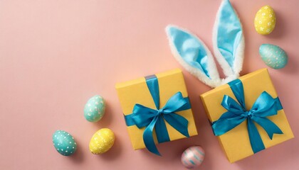 easter celebration concept top view photo of stylish yellow gift boxes with blue ribbon bows colorful easter eggs and bunny ears on isolated pastel pink background with copyspace - obrazy, fototapety, plakaty