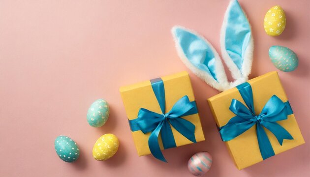 easter celebration concept top view photo of stylish yellow gift boxes with blue ribbon bows colorful easter eggs and bunny ears on isolated pastel pink background with copyspace