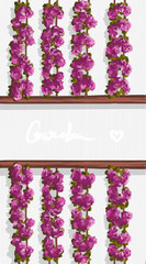 Festive spring or summer banner with curly trellis twigs with pink flowers and leaves on textured white background and text 