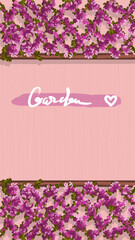 Festive spring or summer banner with trellis with pink rose flowers and leaves on textured coral pink background and text 