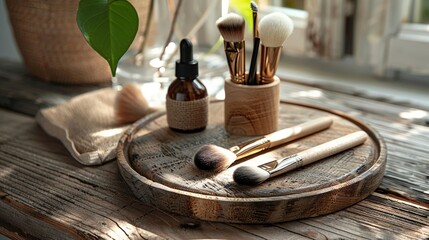 Obraz na płótnie Canvas Elegant arrangement of cosmetic tools on a wooden surface