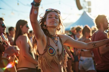 A woman in a bikini energetically dancing amidst a vibrant music festival crowd