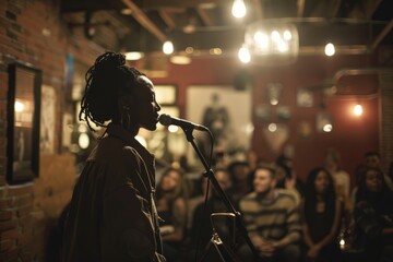 A person stands confidently in front of a microphone, ready to perform at an open mic night event - Powered by Adobe