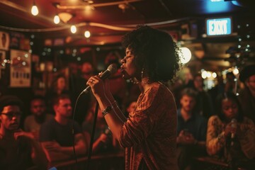 A woman confidently sings into a microphone in front of a crowd during an open mic night at a local venue