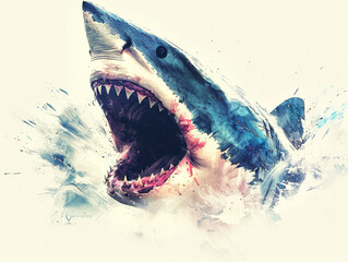 Artistic illustration of a shark emerging from water with a dynamic and aggressive stance,ai...