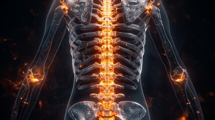 Highlighting lower back pain in a human anatomy X-ray illustration - obrazy, fototapety, plakaty