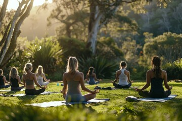 Women participating in a yoga session in a park, surrounded by greenery and nature - obrazy, fototapety, plakaty