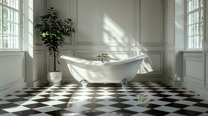 Bold checkered floor anchors a stylish vintage bathroom décor - obrazy, fototapety, plakaty