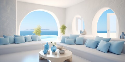 A serene oasis of simplicity with sky blue and white hues creating a calming ambiance in the minimalist interior. - obrazy, fototapety, plakaty