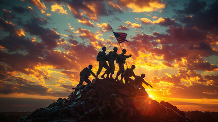 American veterans memorial of soldiers raising flag.