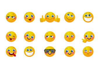 Icons with emoticons or yellow emoticons with emotional funny faces in glossy cartoon design