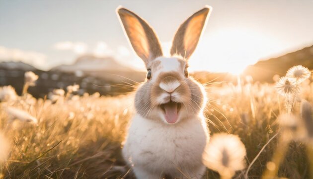 easter bunny in the field bunny face laughing at the screen no body style cartoon