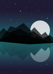 Fototapeta premium Minimalist aesthetic night mountains landscape. Nordic midnight, rising moon