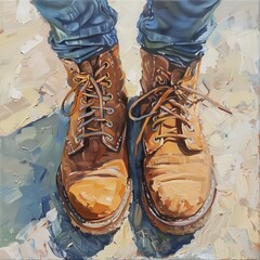 close-up of feet in boots , oil painting or acrylic simple style 