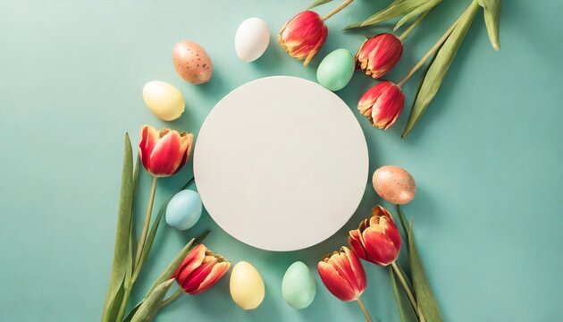 easter decoration concept flat lay photo of white circle red tulips flowers and colorful eggs on isolated turquoise background with blank space holiday card idea