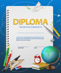 Bright school diploma template for children, certificate background with colorful school subjects pencil, ruler, globe, clock book on a sheet of paper background. Awarding for training