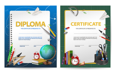 a set of two Bright school diploma templates for children, a certificate background with colorful school subjects pencil, ruler, globe, book on a sheet of paper background. Awarding for training - 771987057