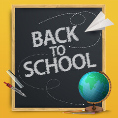 A bright banner.The words from the title Back to School with realistic school subjects: pencils, a globe