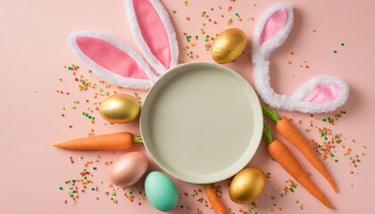 easter concept top view photo of empty circle colorful eggs easter bunny ears backing molds carrots and sprinkles on isolated pastel pink background with empty - obrazy, fototapety, plakaty