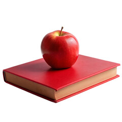 Red book on red apple, isolated on transparent background.