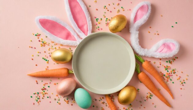 easter concept top view photo of empty circle colorful eggs easter bunny ears backing molds carrots and sprinkles on isolated pastel pink background with empty