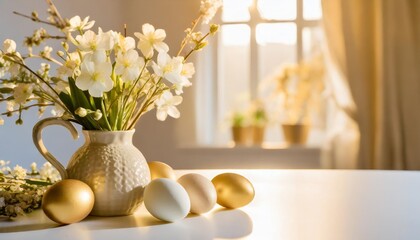 spring flowers in a vase and easter eggs on a white table easter background with copy space - obrazy, fototapety, plakaty