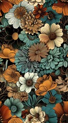 Japanese-inspired fine pen illustration of petals and flowers in earthy tones