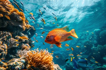 A colorful fish swimming in a coral reef. The coral is brightly colored and there are other fish visible in the background.