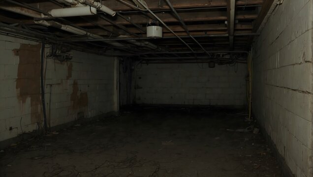 A dilapidated basement with shadows casting unsettling shapes, and a faint, unidentifiable whisper Generative AI