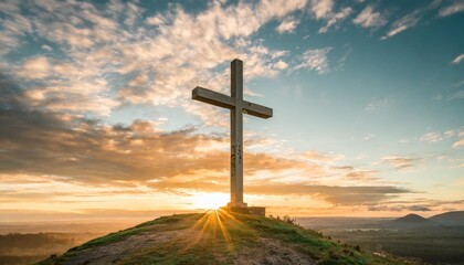 christian cross over beautiful sunset background