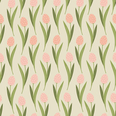 Easter tulips on seamless pattern. Easter eggs, branches, flowers in pastel gentle colors. - 771988462