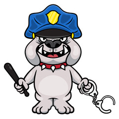 Angry British Bulldog cartoon characters wearing spiked rivet dog collar and police cap, carrying a bat and handcuffs. Best for mascot, logo, and sticker with law enforcement themes