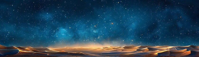 Starry Night Over Vast Desert Landscape Boundless Universe Stretching Beyond Ethereal Dunes - obrazy, fototapety, plakaty