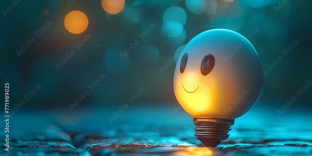 Poster bright light bulb character flickering with idea illumination and copy space for creative insight co