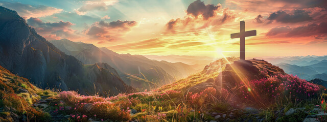 A beautiful mountain landscape with a cross and a sun shining on it