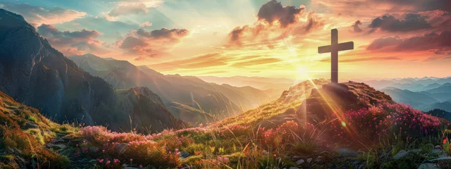 Photo sur Plexiglas Marron profond A beautiful mountain landscape with a cross and a sun shining on it