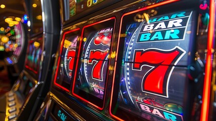 Slot machine reels showing lucky sevens and bright icons - obrazy, fototapety, plakaty